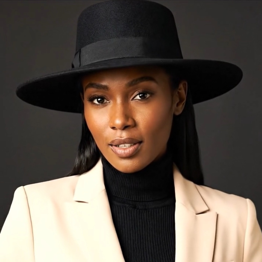 Bold Black Wide-Brim Felt Hat with Ribbon Bow Band